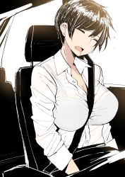 Rule 34 | 1girl, absurdres, between breasts, bra, bra visible through clothes, breasts, business suit, car, car interior, cleavage, closed eyes, collarbone, collared shirt, commentary, dress shirt, drooling, earrings, formal, highres, jewelry, large breasts, motor vehicle, norman maggot, office lady, olive laurentia, open mouth, original, pixie cut, saliva, seatbelt, see-through, shirt, short hair, sitting, sleeping, sleepy, sleeves rolled up, solo, strap between breasts, suit, underwear, white shirt