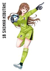 Rule 34 | 1girl, :d, ball, black gloves, blush, brown eyes, brown hair, chuunibyou demo koi ga shitai!, commission, full body, gloves, goalkeeper, green shorts, green socks, hair ornament, hairclip, highres, holding, holding ball, kneehighs, long hair, nibutani shinka, open mouth, pointing, rynn (darknescorez), second-party source, shoes, shorts, simple background, smile, sneakers, soccer ball, socks, solo, two-tone gloves, white background, white footwear, white gloves
