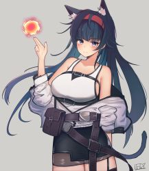 Rule 34 | 1girl, :3, absurdres, animal ears, arknights, arm behind back, bare shoulders, black hair, black skirt, black thighhighs, blaze (arknights), blush, breasts, cat ears, cat girl, cat tail, collarbone, cowboy shot, fire, garter straps, grey background, hairband, hand up, highres, jacket, l eri, large breasts, long hair, looking at viewer, off shoulder, open clothes, open jacket, originium arts (arknights), purple eyes, red hairband, shirt, simple background, skirt, smile, solo, split mouth, tail, thighhighs, white shirt