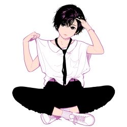 Rule 34 | 1girl, absurdres, arms up, belt, black hair, black necktie, black pants, breast pocket, collared shirt, highres, jewelry, looking at viewer, miyoshi yoshimi, necktie, original, pants, parted lips, pocket, ring, shirt, shoes, short hair, short sleeves, simple background, socks, solo, white background, white footwear, white socks