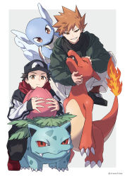 Rule 34 | 2boys, alternate costume, artist name, black footwear, black hair, blue oak, brown eyes, brown hair, charmeleon, closed mouth, commentary request, creatures (company), fire, flame-tipped tail, game freak, gen 1 pokemon, highres, ivysaur, long sleeves, looking at viewer, male focus, multiple boys, nintendo, parted lips, pokemon, pokemon (creature), pokemon rgby, red (pokemon), red footwear, red scarf, scarf, shoes, sleeves past wrists, smile, socks, spiked hair, squatting, wartortle, xia (ryugo)