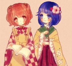 Rule 34 | 2girls, apron, bell, blush, book, bow, brush, checkered clothes, checkered kimono, floral print, flower, hair bell, hair bow, hair flower, hair ornament, hieda no akyuu, japanese clothes, kimono, long sleeves, looking at another, lowres, motoori kosuzu, multiple girls, purple eyes, purple hair, red eyes, red hair, ribbon, short hair, smile, touhou, twintails, wide sleeves, yujup