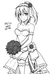 Rule 34 | 1girl, bare shoulders, bouquet, breasts, cleavage, closed mouth, collarbone, dated, detached sleeves, dress, flower, frilled dress, frilled hairband, frills, girls&#039; frontline, greyscale, hair flower, hair ornament, hairband, high ponytail, highres, holding, holding bouquet, long hair, long sleeves, looking at viewer, medium breasts, monochrome, ndtwofives, ponytail, rose, simple background, smile, solo, strapless, strapless dress, sv-98 (girls&#039; frontline), thighhighs, white background