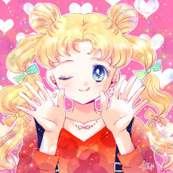 Rule 34 | 1girl, ;q, bishoujo senshi sailor moon, blonde hair, blue eyes, bow, crescent, crescent earrings, double bun, earrings, green bow, hair bow, hair bun, heart, heart background, jewelry, kurokuzu (milkyway792), light particles, long hair, looking at viewer, multi-tied hair, multiple hair bows, necklace, one eye closed, pink background, red shirt, ring, shirt, signature, smile, solo, star (symbol), star in eye, symbol in eye, tongue, tongue out, tsukino usagi, twintails, upper body, yellow bow
