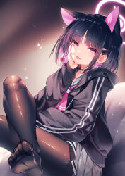 Rule 34 | 1girl, :p, absurdres, animal ears, arm support, black hair, black hoodie, black pantyhose, blue archive, candy, cat ears, cat girl, crossed legs, extra ears, feet, fine fabric emphasis, food, halo, hand on own cheek, hand on own face, head rest, highres, hirano katsuyuki, hood, hood down, hoodie, kazusa (blue archive), knee up, lollipop, long sleeves, looking at viewer, miniskirt, multicolored hair, no shoes, open clothes, open hoodie, pantyhose, pink hair, pleated skirt, short hair, skirt, soles, toes, tongue, tongue out, two-tone hair, white skirt