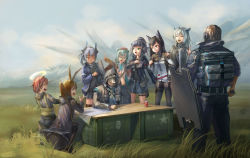 Rule 34 | 2boys, 6+girls, ace (arknights), amiya (arknights), animal ears, arknights, ballistic shield, blue hair, brown hair, chinese commentary, crate, doctor (arknights), exusiai (arknights), grass, halo, highres, istina (arknights), jessica (arknights), lappland (arknights), liskarm (arknights), monocle, multiple boys, multiple girls, outdoors, rabbit girl, red hair, shield, short hair, stalin (artist), texas (arknights), white hair