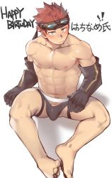 Rule 34 | 1boy, barefoot, bikini briefs, black briefs, black male underwear, blush, borrowed character, bulge, detached sleeves, goggles, goggles on head, half-closed eyes, happy birthday, highres, looking at viewer, male focus, male underwear, nipples, original, penis, penis peek, red hair, scarf, simple background, sitting, solo, spiked hair, thigh strap, toned, underwear, white background, yellow eyes