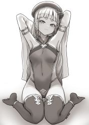 Rule 34 | 1girl, armpits, arms behind head, arms up, bare shoulders, blush, breasts, erune, granblue fantasy, greyscale, highres, long hair, looking at viewer, monochrome, nosuku, pholia, quad braids, sitting, small breasts, smile, thighs, wariza