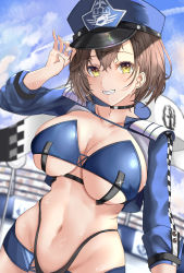 Rule 34 | 1girl, arm up, azur lane, baltimore (azur lane), baltimore (finish line flagbearer) (azur lane), bikini, black bikini, black choker, blue bikini, blue hat, blue jacket, blue sky, braid, breasts, brown hair, choker, cleavage, cloud, collarbone, commentary request, cowboy shot, cropped jacket, day, dutch angle, female pubic hair, flag, french braid, groin, hair between eyes, hat, highleg, highleg bikini, highres, jacket, koinowana, large breasts, looking at viewer, mismatched bikini, navel, official alternate costume, open clothes, open jacket, peaked cap, pubic hair, pubic hair peek, race queen, revealing clothes, short hair, sidelocks, skindentation, sky, smile, solo, standing, stomach, sweat, swimsuit, teeth, underboob, yellow eyes