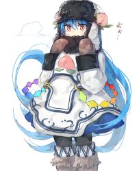 Rule 34 | 1girl, adapted costume, bad id, bad pixiv id, black pantyhose, blue hair, blue skirt, blush, boots, brown gloves, coat, commentary request, food, fruit, fur hat, fur trim, gloves, grey footwear, hat, hinanawi tenshi, leaf, long hair, long sleeves, mittens, pantyhose, parted lips, peach, rainbow order, red eyes, skirt, solo, standing, suminagashi, touhou, triangle mouth, very long hair, winter clothes, winter coat
