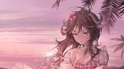 Rule 34 | 1girl, absurdres, animal ears, arknights, bikini, brown eyes, brown hair, collarbone, commentary, eyjafjalla (arknights), eyjafjalla (summer flower) (arknights), flower, hair flower, hair ornament, highres, holding, holding fireworks, holding sparkler, horns, long hair, off-shoulder bikini, off shoulder, official alternate costume, outdoors, palm leaf, pink bikini, pink flower, pink theme, portrait, sheep ears, sheep girl, sheep horns, shirt, solo, swimsuit, swimsuit cover-up, white shirt, zhuang yao