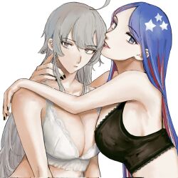 Rule 34 | 2girls, black bra, black nails, blue hair, bra, breasts, cleavage, closed mouth, grey eyes, grey hair, highres, kantai collection, large breasts, lipstick, long hair, looking at viewer, makeup, multicolored hair, multiple girls, nail polish, nidou, red hair, simple background, south dakota (kancolle), star (symbol), underwear, upper body, washington (kancolle), white background, white bra, white hair