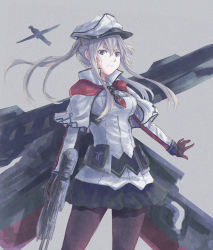 Rule 34 | 1girl, black pantyhose, black skirt, blonde hair, breasts, brown gloves, capelet, cowboy shot, cross, gloves, graf zeppelin (kancolle), grey background, grey eyes, hair between eyes, hat, highres, kantai collection, large breasts, miniskirt, necktie, pantyhose, peaked cap, pleated skirt, sidelocks, simple background, skirt, solo, twintails, white capelet, yomi (yomi14 pyaon)