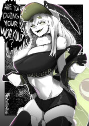 Rule 34 | 1girl, absurdres, antennae, arthropod girl, artist name, baseball cap, black sclera, black shirt, black shorts, black thighhighs, blush, border, breasts, cleavage, clothes writing, colored sclera, colored skin, commentary, crop top pull, english commentary, english text, extra arms, green eyes, hair between eyes, half-closed eyes, hat, highres, indie virtual youtuber, insect girl, insect wings, jacket, juniper actias, kitchencatsoup, large breasts, long hair, looking at viewer, midriff, monster girl, moth girl, moth wings, navel, open mouth, shirt, short shorts, shorts, simple background, smile, solo, teeth, thick eyebrows, thighhighs, virtual youtuber, white border, white fur, white hair, white hat, white jacket, white skin, wings