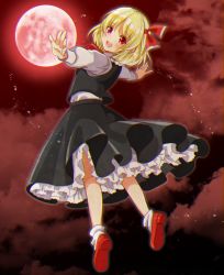 Rule 34 | 1girl, ascot, black skirt, black vest, blonde hair, blouse, blush, cloud, cloudy sky, collared shirt, commentary request, frilled skirt, frills, full body, hair ribbon, long sleeves, looking at viewer, looking back, night, night sky, okawa friend, open mouth, outstretched arms, red ascot, red eyes, red footwear, red ribbon, red sky, ribbon, rumia, shirt, shoe soles, short hair, skirt, skirt set, sky, socks, spread arms, teeth, touhou, upper teeth only, vest, white shirt, white socks
