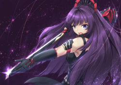Rule 34 | 1girl, arm guards, black gloves, blue eyes, braid, breasts, commentary, english commentary, fighting stance, french braid, from behind, glint, gloves, hair ornament, high collar, holding, holding sword, holding weapon, honkai (series), honkai impact 3rd, light trail, long hair, looking at viewer, looking back, medium breasts, outstretched arm, purple background, purple hair, raiden mei, raiden mei (shadow dash), red ribbon, ribbon, sheita, sidelocks, solo, sparkle, sword, tassel, upper body, v-shaped eyebrows, very long hair, weapon