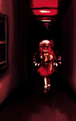 Rule 34 | 1girl, commentary request, crystal, flandre scarlet, fua yuu, full body, hair between eyes, hallway, hat, hat ribbon, highres, horror (theme), long hair, looking at viewer, mob cap, monochrome, one side up, red theme, ribbon, shirt, shoes, short sleeves, skirt, socks, solo, touhou, wings