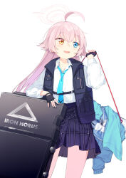 Rule 34 | 1girl, ahoge, bag, black gloves, black skirt, black vest, blue archive, blue eyes, blush, breasts, coffeekite, collared shirt, dress shirt, duffel bag, fingerless gloves, gloves, hair between eyes, halo, heterochromia, highres, hoshino (blue archive), long hair, long sleeves, looking to the side, necktie, open clothes, open mouth, open vest, pink hair, plaid, plaid skirt, pleated skirt, shirt, skirt, small breasts, smile, solo, thighs, vest, white shirt, yellow eyes
