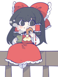 Rule 34 | 1girl, ascot, black eyes, black hair, blush, bow, chahan (fried rice0614), chibi, cup, detached sleeves, dress, eating, food, frilled bow, frilled hair tubes, frilled shirt collar, frilled skirt, frills, hair bow, hair tubes, hakurei reimu, highres, holding, holding cup, holding food, long hair, long sleeves, red bow, red dress, red ribbon, red shirt, ribbon, ribbon-trimmed sleeves, ribbon trim, shirt, sidelocks, simple background, sitting, skirt, sleeveless, sleeveless shirt, socks, solo, touhou, white background, white socks, wide sleeves, yellow ascot