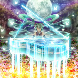 Rule 34 | 1girl, detached sleeves, closed eyes, floating hair, flower, full moon, grand piano, green hair, hatsune miku, highres, instrument, k2pudding, long hair, moon, necktie, piano, see-through, solo, sparkle, twintails, very long hair, vocaloid, water