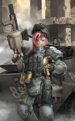 Rule 34 | 1girl, 40mm grenade, 40x46 lv hedp m433, 40x46mm lv, 40x51mm mv, 40x51mm mv hedp m433, ammunition, anti-materiel cartridge, armor, black gloves, blue eyes, body armor, bomb suit, breasts, cannon cartridge, day, dual-purpose cartridge, explosive, fingerless gloves, gloves, grenade, grenade cartridge, grenade launcher, grin, gun, hand grenade, high-explosive anti-tank (warhead), high-explosive cartridge, high-explosive dual-purpose cartridge, holding, holding gun, holding weapon, ikegami noroshi, knee pads, large-caliber cartridge, looking at viewer, mask, milkor mgl, milkor mgl, mouth mask, original, outdoors, pink hair, revolver grenade launcher, rheinmetall, rheinmetall denel munitions, short hair, sideboob, smile, solo, subsonic ammunition, teeth, weapon