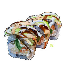 Rule 34 | fish, fish (food), food, food focus, nigirizushi, no humans, original, rice, sauce, sesame seeds, simple background, still life, studiolg, sushi, vegetable, white background