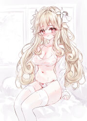 Rule 34 | 1girl, absurdres, bare shoulders, blonde hair, blush, bow, bow panties, breasts, cleavage, collarbone, commentary request, double bun, feet out of frame, flower, hair bun, hair flower, hair intakes, hair ornament, hair ribbon, highres, long hair, medium breasts, navel, nose blush, off shoulder, open clothes, open shirt, original, panties, red eyes, ribbon, shirt, sitting, smile, solo, tandohark, thighhighs, underwear, very long hair, white flower, white panties, white ribbon, white shirt, white thighhighs
