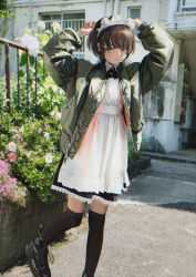 Rule 34 | 1girl, absurdres, ankle boots, apron, arms up, black dress, black footwear, boots, brown hair, brown thighhighs, cross-laced footwear, dress, frills, gishiki (gshk), green jacket, highres, jacket, kneehighs, lace-up boots, long sleeves, looking at viewer, maid, maid apron, maid headdress, open clothes, open jacket, original, over-kneehighs, photo background, puffy long sleeves, puffy sleeves, realistic, shoes, short hair, sidelocks, skirt, socks, solo, standing, standing on one leg, thighhighs, white apron, yellow eyes