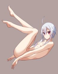 Rule 34 | 1girl, barefoot, blush, breasts, dosu (doseven), feet, female focus, full body, grey background, legs up, looking at viewer, lying, maroon eyes, nipples, nude, on back, original, short hair, short hair with long locks, sidelocks, silver hair, simple background, small breasts, solo