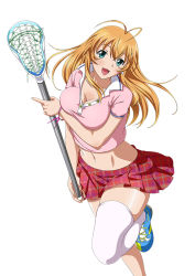 Rule 34 | 1girl, antenna hair, breast hold, breasts, cleavage, crop top, earrings, female focus, ikkitousen, jewelry, lacrosse stick, leg up, long hair, looking at viewer, magatama, magatama earrings, midriff, miniskirt, navel, official art, open mouth, plaid, plaid skirt, short sleeves, simple background, single thighhigh, skirt, solo, sonsaku hakufu, thighhighs, white background, white thighhighs