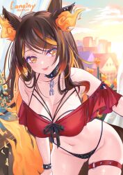 Rule 34 | 1girl, animal ear fluff, animal ears, artist name, black collar, black panties, blonde hair, bracelet, breasts, brown hair, canniny, chain, cleavage, collar, criss-cross halter, cropped shirt, dated, flame-tipped tail, frilled shirt, frills, halterneck, highres, indie virtual youtuber, jewelry, large breasts, long hair, looking at viewer, multicolored hair, navel, no pants, o-ring, o-ring thigh strap, panties, red shirt, shirt, sinder (vtuber), sinder (vtuber) (1st costume), smile, spiked bracelet, spiked collar, spikes, streaked hair, studded thigh strap, tail, thigh strap, underwear, virtual youtuber, wolf ears, wolf girl, wolf tail, yellow eyes