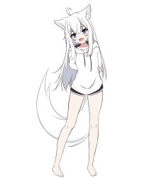 Rule 34 | 1girl, :d, ahoge, animal ear fluff, animal ears, arm behind back, arm grab, barefoot, black shorts, blue eyes, blush, chinese commentary, collarbone, commentary, drawstring, fang, fox ears, fox girl, fox tail, full body, hair between eyes, highres, hood, hood down, hoodie, kuronagi (mitora uwu), leaning to the side, long hair, looking at viewer, open mouth, original, shorts, simple background, smile, solo, standing, tail, very long hair, white background, white hair, white hoodie