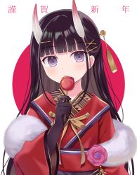 Rule 34 | 1girl, azur lane, bad id, bad pixiv id, black gloves, black hair, blunt bangs, blush, candy apple, closed mouth, commentary request, food, gloves, hair ornament, hairclip, holding, holding food, horns, japanese clothes, kimono, long hair, long sleeves, looking at viewer, noshiro (azur lane), noshiro (uncharted festival grounds?) (azur lane), oni, oni horns, purple eyes, red background, red kimono, riria (happy strawberry), solo, translation request, two-tone background, upper body, white background, wide sleeves, x hair ornament