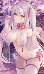 Rule 34 | 1girl, absurdres, blush, breasts, flower, fujimori shiki, highres, large breasts, long hair, looking at viewer, navel, no bra, original, solo, thighhighs, thighs, twintails, white hair, yellow eyes