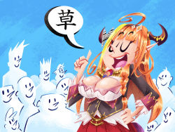 Rule 34 | 1girl, 2snacks (artist), braid, breasts, brooch, closed eyes, dragon girl, dragon horns, dragon tail, hand on own hip, highres, hololive, horns, jewelry, kiryu coco, kiryu coco (1st costume), large breasts, long hair, open mouth, orange hair, pointy ears, ryoushi chicken soup grass big chungus, speech bubble, tail, teeth, virtual youtuber