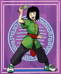 Rule 34 | 1girl, alternate costume, black hair, black pants, chinese clothes, chopsticks, clenched hand, commentary, ekubo (mob psycho 100), english commentary, full body, green shirt, holding, holding chopsticks, kurata tome, kyokyeo, mob psycho 100, open mouth, pants, purple background, shirt, shoes, short hair, short sleeves, simple background, smile, sneakers, solo, standing