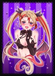 Rule 34 | 1girl, axel syrios, black bra, blonde hair, blue eyes, blush, bra, breasts, cleavage, demon wings, detached collar, e1ctricee1s, elbow gloves, fang, genderswap, genderswap (mtf), gloves, heart, heart in eye, highres, holostars, holostars english, low wings, medium breasts, multicolored hair, navel, red hair, solo, streaked hair, striped, striped background, symbol in eye, twintails, underwear, virtual youtuber, wings