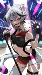 Rule 34 | 1girl, absurdres, animal ears, black gloves, black hair, black nails, commission, crossed bangs, gloves, glowstick, grey hair, hair between eyes, hair ornament, highres, holding, holding microphone, idol clothes, indie virtual youtuber, k (art71), kaifu lulu, microphone, multicolored clothes, multicolored hair, multicolored shorts, navel, necktie, open mouth, penlight (glowstick), purple eyes, red necktie, red shorts, short hair, shorts, single thighhigh, skeb commission, solo, stage, streaked hair, suspender shorts, suspenders, suspenders slip, sweat, thighhighs, tiger ears, tiger girl, virtual youtuber, white shorts, white thighhighs