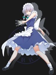 Rule 34 | 1girl, apron, black background, black footwear, bow, braid, commentary, full body, green bow, grey hair, highres, holding, holding knife, izayoi sakuya, kakone, knife, looking at viewer, maid, parted lips, red eyes, short sleeves, side braids, simple background, socks, solo, touhou, twin braids, waist apron, white apron, white socks
