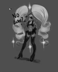 Rule 34 | 10s, 1girl, :&lt;, belt, big hair, boots, bow, breasts, drill hair, eyepatch, getsketchy, gloves, greyscale, hand on own hip, harime nui, high heel boots, high heels, highres, holster, kill la kill, long hair, monochrome, nudist beach uniform, platform footwear, shoulder holster, small breasts, solo, sparkle, thigh boots, thighhighs, twin drills, twintails, underboob, utility belt, very long hair, alternate universe
