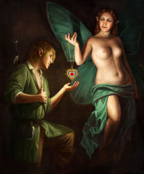Rule 34 | 1boy, 1girl, artistic nudity, astor alexander, barefoot, blonde hair, bottle, breasts, breasts apart, brown hair, butterfly wings, clothed male nude female, dark background, glass bottle, great fairy (zelda), groin, heart, highres, insect wings, jewelry, kneeling, link, medium breasts, navel, necklace, nintendo, nipples, nude, open collar, pointy ears, realistic, sash, sheath, sheathed, standing, stomach, strap, sword, the legend of zelda, topless, tunic, unworn jewelry, unworn necklace, weapon, weapon on back, wings