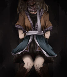 Rule 34 | 1girl, blonde hair, blood, bound, delirium, female focus, gag, gagged, guro, head out of frame, mizuhashi parsee, scarf, shimo (depthbomb), skirt, solo, tied up (nonsexual), torture, touhou