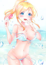 Rule 34 | 10s, 1girl, :d, areola slip, ayase eli, bad id, bad pixiv id, bikini, blonde hair, blue bikini, blue eyes, blush, breast slip, breasts, cameltoe, center opening, cleavage, collarbone, contrapposto, covered erect nipples, cowboy shot, day, fingernails, food, food on face, front-tie bikini top, front-tie top, gluteal fold, groin, hair ornament, hair scrunchie, hand on own face, heart, heart-shaped pupils, high ponytail, highres, holding, lace, lace-trimmed bikini, lace trim, long fingernails, long hair, looking at viewer, love live!, love live! school idol project, medium breasts, nail polish, navel, nipples, ocean, open mouth, outdoors, parted bangs, pink nails, pipette (artist), ponytail, popsicle, scrunchie, side-tie bikini bottom, side-tie bottom, sidelocks, sky, smile, solo, sparkle, standing, strap slip, swimsuit, symbol-shaped pupils, untied bikini, wardrobe malfunction, water, water drop