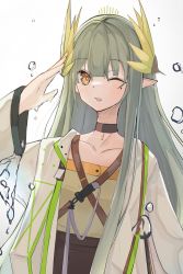 Rule 34 | 1girl, arknights, choker, coat, collarbone, green hair, hair ornament, highres, long hair, looking at viewer, matchadzuke, mole, muelsyse (arknights), one eye closed, open clothes, open coat, open mouth, pointy ears, salute, solo, water, white coat, yellow eyes