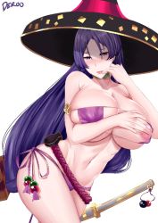 Rule 34 | armlet, beads, bikini, breasts, choker, cleavage, collarbone, covering privates, covering breasts, deroo, eyepatch bikini, fate/grand order, fate (series), large breasts, long hair, low-tied long hair, minamoto no raikou (fate), minamoto no raikou (fate/grand order), minamoto no raikou (swimsuit lancer) (fate), navel, nipples, parted bangs, purple bikini, purple eyes, purple hair, rope, sheath, side-tie bikini bottom, solo, swimsuit, sword, tongue, tongue out, very long hair, weapon