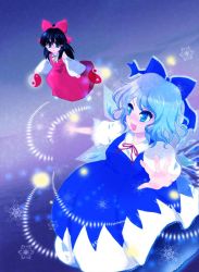 Rule 34 | &gt;:d, 2girls, :d, barefoot, black hair, blue bow, blue dress, blue eyes, blue hair, bow, cirno, danmaku, detached sleeves, dress, female focus, hair bow, hakurei reimu, ice, ice wings, multiple girls, no shoes, open mouth, red bow, red dress, short hair, smile, snowflakes, socks, teeth, embodiment of scarlet devil, touhou, v-shaped eyebrows, white legwear, wings, yin yang