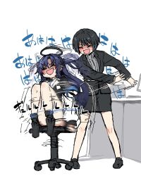 Rule 34 | 2girls, afterimage, black footwear, black hair, black halo, black jacket, black skirt, blue archive, business suit, chair, closed eyes, commentary request, computer, desk, female sensei (blue archive), formal, frozen oyu, halo, indoors, jacket, knees up, laughing, long hair, long sleeves, motion blur, motion lines, multiple girls, office chair, open mouth, purple hair, pushing, school uniform, sensei (blue archive), shaded face, short hair, sitting, skirt, smear frame, spinning, standing, suit, sweat, swivel chair, translation request, two side up, white background, yuuka (blue archive)