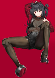 Rule 34 | 1girl, absurdres, ahoge, azur lane, bare shoulders, bikini, bikini top only, black footwear, black hair, black pantyhose, black shorts, bodystocking, breasts, candy, cleavage, collar, collarbone, covered collarbone, covered navel, fingerless gloves, food, gloves, hair between eyes, hair rings, hand on own head, hand on own knee, high heels, highres, jacket, large breasts, lollipop, long hair, long sleeves, looking at viewer, mouth hold, open clothes, open jacket, pantyhose, pixel (yuxian), red background, red eyes, red gloves, red jacket, shorts, simple background, sitting, solo, spread legs, swimsuit, taihou (azur lane), two side up