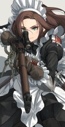 Rule 34 | 1girl, aiming, apron, asterisk kome, bolt action, closed mouth, frilled gloves, frills, gloves, green eyes, gun, heraldry, highres, long hair, looking through scope, maid, maid apron, maid headdress, original, rifle, simple background, slit pupils, sword, weapon, white background