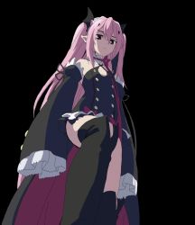 Rule 34 | 10s, 1girl, black background, cowboy shot, female focus, from below, gothic lolita, krul tepes, lolita fashion, looking at viewer, no bra, owari no seraph, red eyes, simple background, solo, standing, vampire
